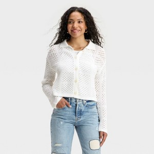 Women's Openwork Button-Front Cardigan - Universal Thread™ White - 1 of 3