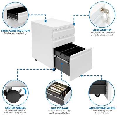 White Steel Mobile 3-Drawer Lockable File Cabinet