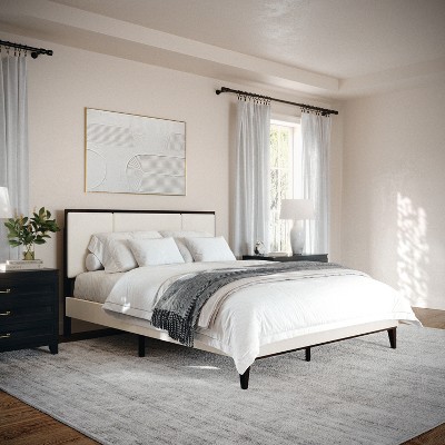 Martha Stewart Jett Solid Wood Platform Bed with Upholstered Base and Inset Paneled Headboard, Wood Slat Bottom, No Box Spring Needed