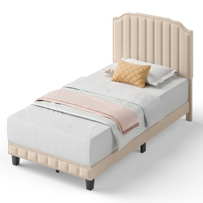 Tangkula Twin/Full/Queen Upholstered Bed Frame with linen fabric vertical lines Rivets headboard
