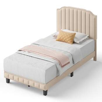 Tangkula Twin/Full/Queen Upholstered Bed Frame with linen fabric vertical lines Rivets headboard