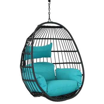 Sunnydaze Outdoor Resin Wicker Patio Dalia Hanging Basket Egg Chair with Cushions and Headrest - Teal - 2pc