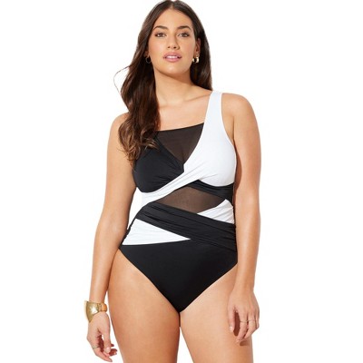 Swimsuits For All Women's Plus Size Shirred Sarong One Piece 24 Black White  Stencil Floral 