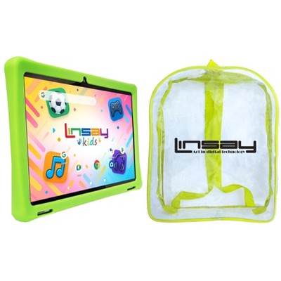 LINSAY 10.1"Octa Core  256GB Storage Android 15 Tablet with Green Kids Defender Case and Back Pack