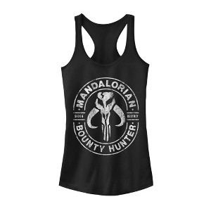 Juniors Womens Star Wars The Mandalorian Seek & Destroy Stamp Racerback Tank Top - 1 of 4