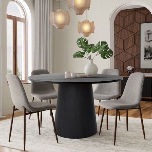 Black Round Dining Table Set For 4,gray Upholstered Armless Dining Chairs With Manufactured Wood ...
