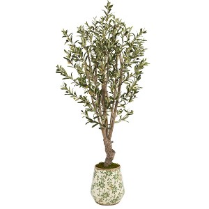 Nearly Natural 62-in Olive Artificial Tree in Floral Print Planter - 1 of 3