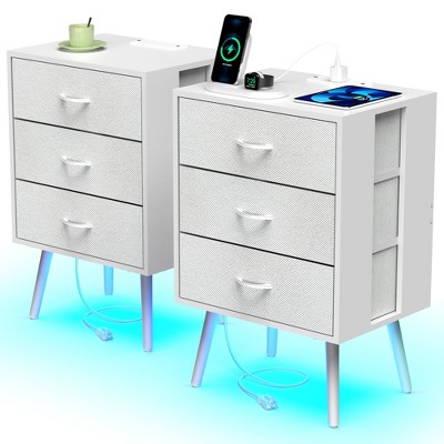 Dolonm 2 Pack Modern Nightstand with Charging Station, Bedside Tables with LED Light and Fabric Drawers,2-Layer Drawer