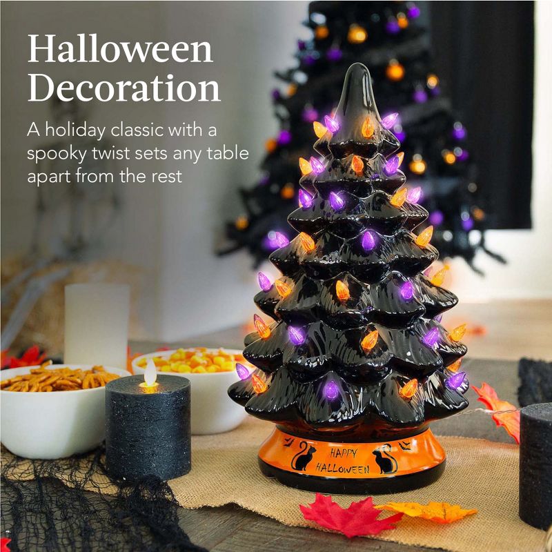 Best Choice Products 15in Pre-Lit Ceramic Tabletop Halloween Tree, Holiday Decoration w/ Orange & Purple Bulb Lights, 3 of 9