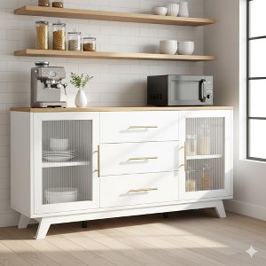 56" Modern Coffee Bar Cabinet with Fluted Glass Doors & 3 Drawers, White Wood Sideboard for Kitchen, Dining Room, Living Room - 1 of 4