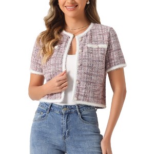 Allegra K Women's Tweed Knit Crew Neck Short Sleeve Cropped Casual Cardigan Jackets - 1 of 4