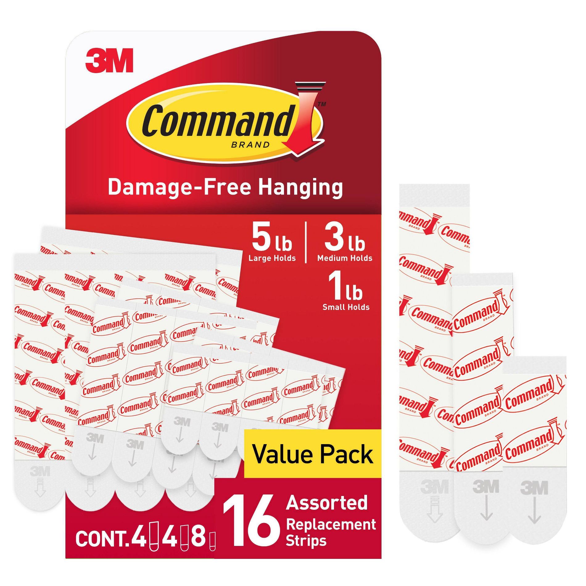 Command Refill Strips White: Adhesive Hooks, Plastic, 16 Pack, Max 5 lb Capacity