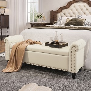 Storage Bed Bench, Faux Leather Upholstered Ottoman Foot Rest with Rolled Arms - 1 of 4