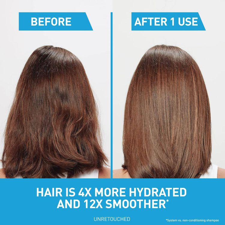 Side-by-side comparison showing hair before and after using conditioner, with text stating "HAIR IS 4X MORE HYDRATED AND 12X SMOOTHER" and "UNRETOUCHED."