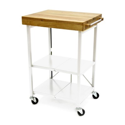 Origami Foldable Wheeled Portable Solid Wood Top Kitchen Island Bar Cart, White