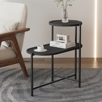 LIVAREEmlen Round Coffee Table with Storage Tray 2 Tier Oval End Tables Wooden Small Side Table for Living Room (Black)
