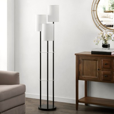 Soren Adjustable Black Iron Arc Floor Lamp with Glass Shelves