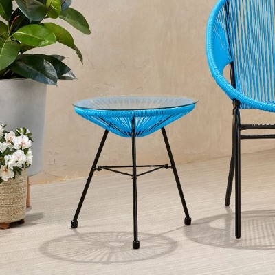 Rattan Outdoor End Table with Tempered Glass Top, 17.75" Round Patio Side Table, Black Outdoor Accent Table -Christopher Knight Home