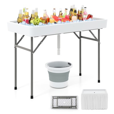 Tangkula 4 FT Folding Ice Table Portable Outdoor Cooler Table with Drain Removable Matching Skirt