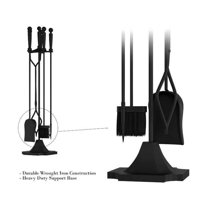 Hastings Home 5-Piece Heavy-Duty Wrought Iron Fireplace Tool Set and Stand, 3 of 9