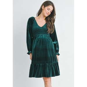 Hello Miz Women's Velvet Smocked V Neck Long Sleeve Maternity Dress - 1 of 4