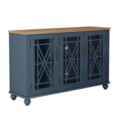 55" Navy and Wood Vintage Storage Sideboard Buffet Cabinet