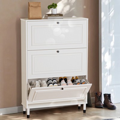 PDTEND White Slim Freestanding Entryway Shoe Cabinet with 3 Flip Drawers