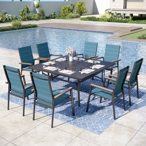 Captiva Designs 9pc Spacious Slat-top Square Metal Table with Umbrella Hole & Textilene Aluminum Chairs - 1 of 4