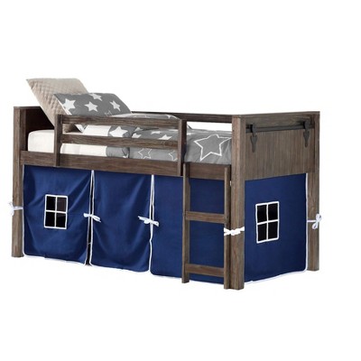 Donco Kids Barn Door Twin Brushed Shadow Low Loft With Red Tent