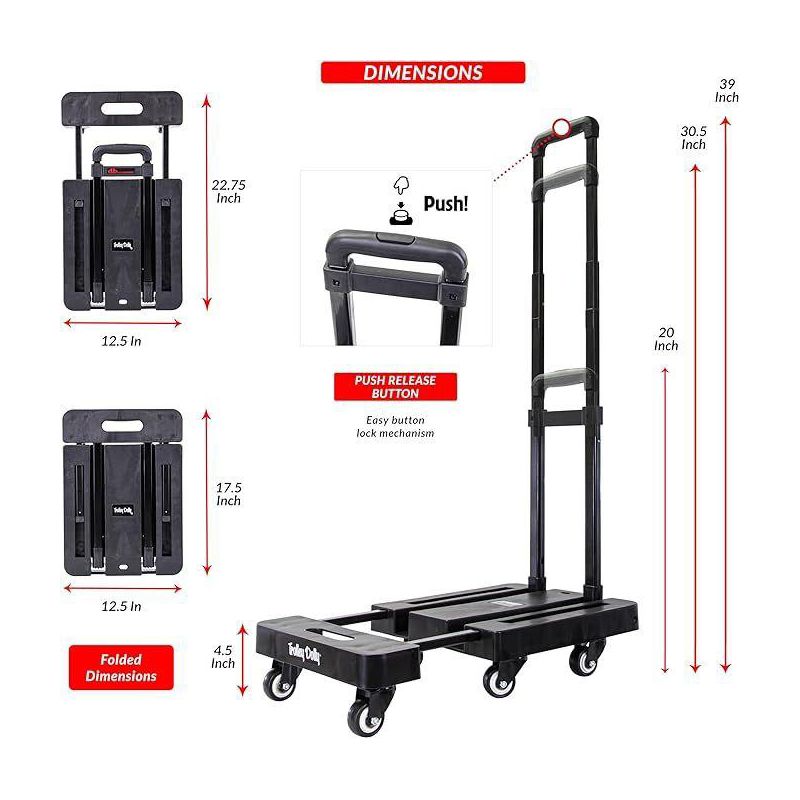 dbest products Trolley Dolly Platform Cart 6-Wheel Folding Hand Truck With Telescoping Handle & Expandable Toe Plate - Includes 2 Bungee Chords, 3 of 7