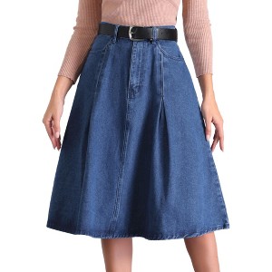 Allegra K Women's Denim Pleated High Waist A-Line Pockets Classic Midi Skirt with Belt - 1 of 4