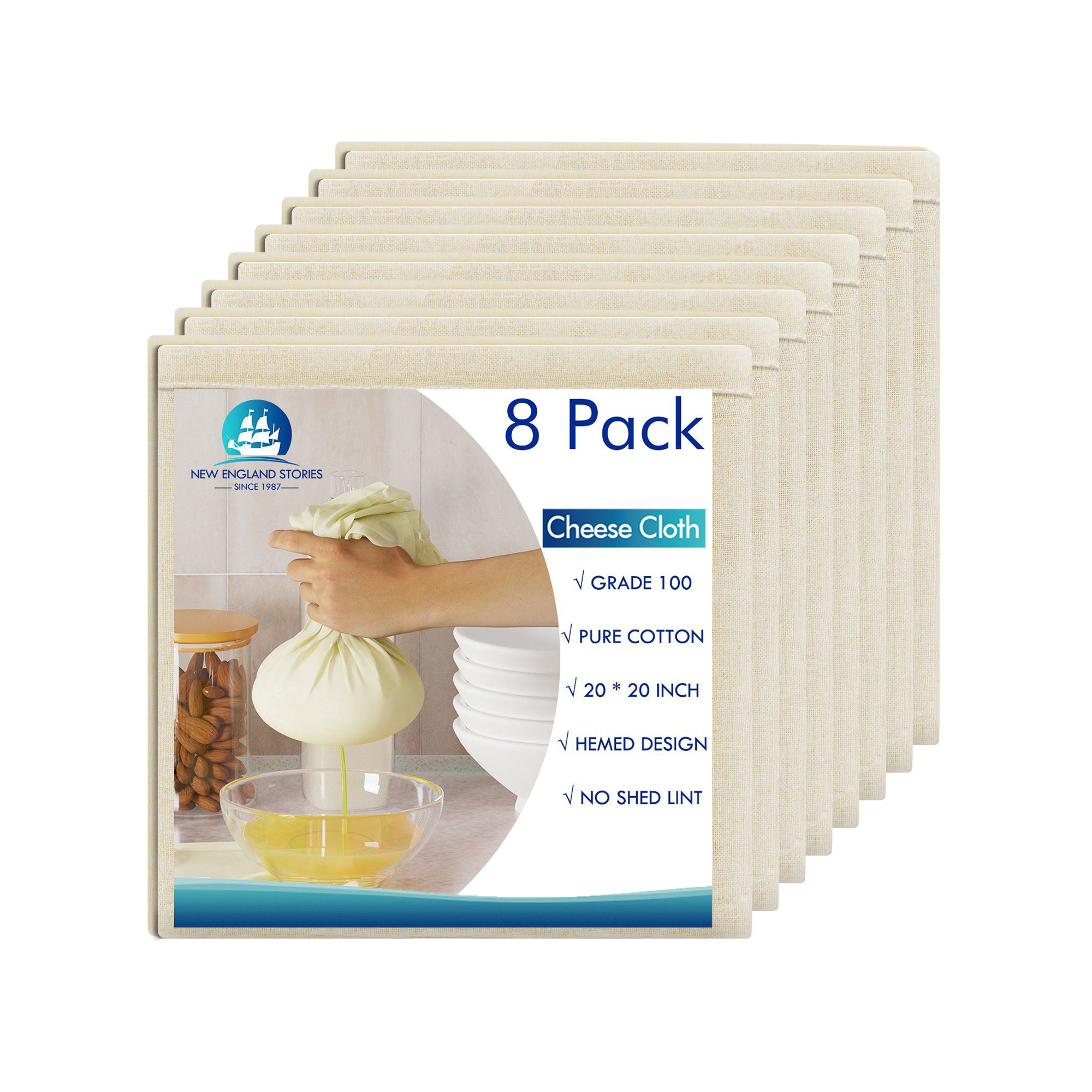 8-Pack Reusable Unbleached Cotton Cheesecloth – 20"x20" Kitchen Strainer for Cooking, Baking, Cheese Making & Crafts