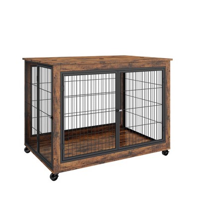 GustoWave Dog Crate Furniture, Wooden Kennel Table with Double Doors, Indoor Dog House, 30''Dx43.7''Wx31.1''H, Rustic Brown