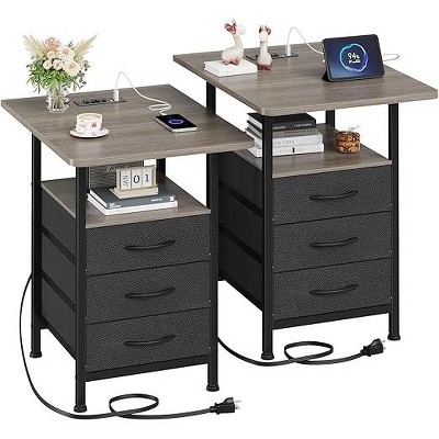 Gericco Night Stand Set 2 with 19'' D Large Tabletop and 3 Fabric Drawer, Bedside Tables with Fast Charging Station, Spacious Storage