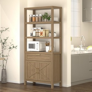 TROPOW 71" Bookshelf and Bookcase with Doors, 5 Tier Tall Bookshelf Storage with Cabinet and Drawer, Farmhouse Book Shelf with Storage Cabinet, walnut - 1 of 4