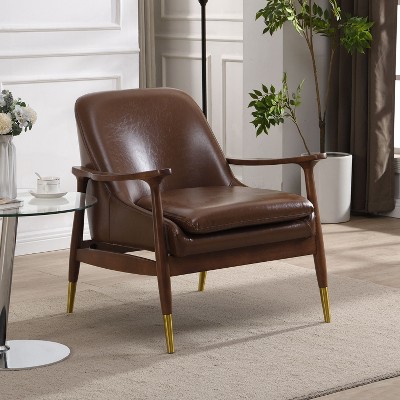 Okak 29.2" Mid-Century Faux Leather Accent Chair with Cushioned Seat, Solid Wood Frame, and Brass-Tipped Legs, Perfect for Living Room