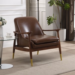 Okak 29.2" Mid-Century Faux Leather Accent Chair with Cushioned Seat, Solid Wood Frame, and Brass-Tipped Legs, Perfect for Living Room - 1 of 4
