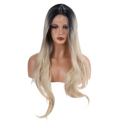 Unique Bargains Women's Long Natural Curly Lace Front Wigs with Wig Cap 20" Black Gold Tone 1 Pc