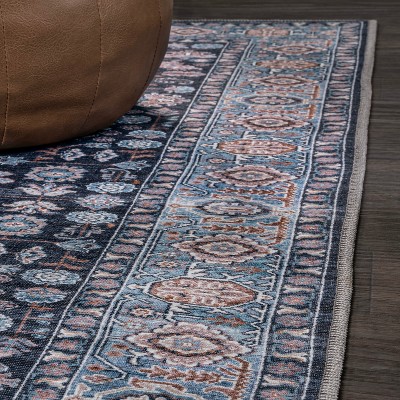 Kemer Black and Blue Washable Synthetic Persian Area Rug