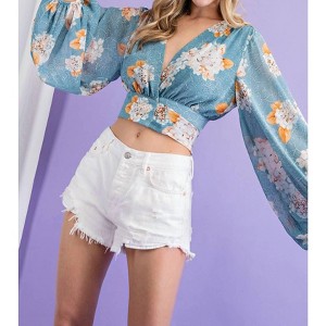 Women's Cropped Long Sleeve Blouse With Adjustable Back Tie - ee:some - 1 of 4