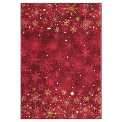 Coolmee  Christmas Area Rug, Washable, Gold and Red Snowflake, Non Slip Modern, for Living Room, Bedroom Floor MatRed
