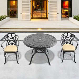 ACEPANO 3-Pieces Aluminum Patio Dining Coffee Table Set With Umbrella Hole, Beige Cushions-Black - 1 of 4