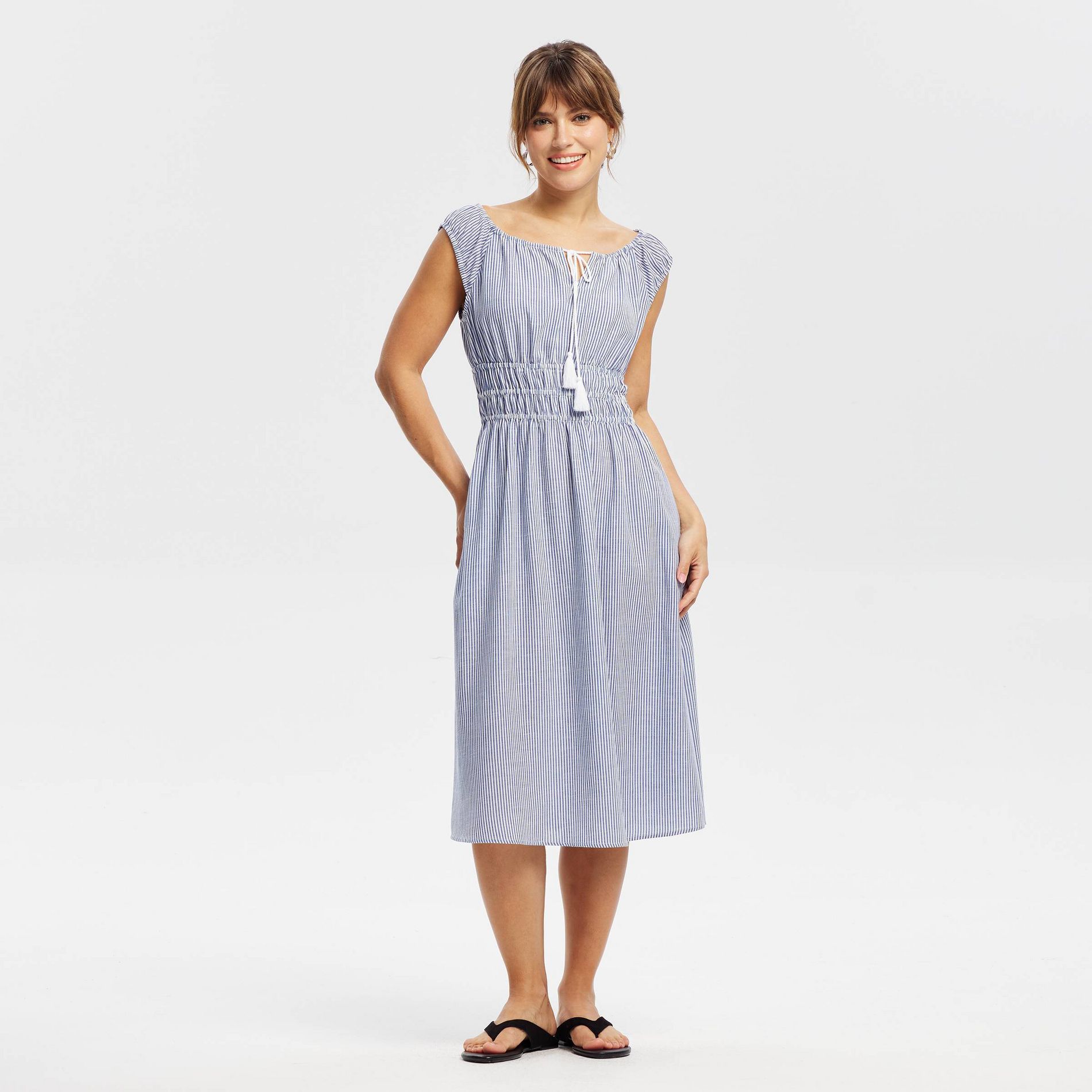 Women's Cap Sleeve Tassel Drawstring Midi Dress - Universal Thread™ Blue Striped
