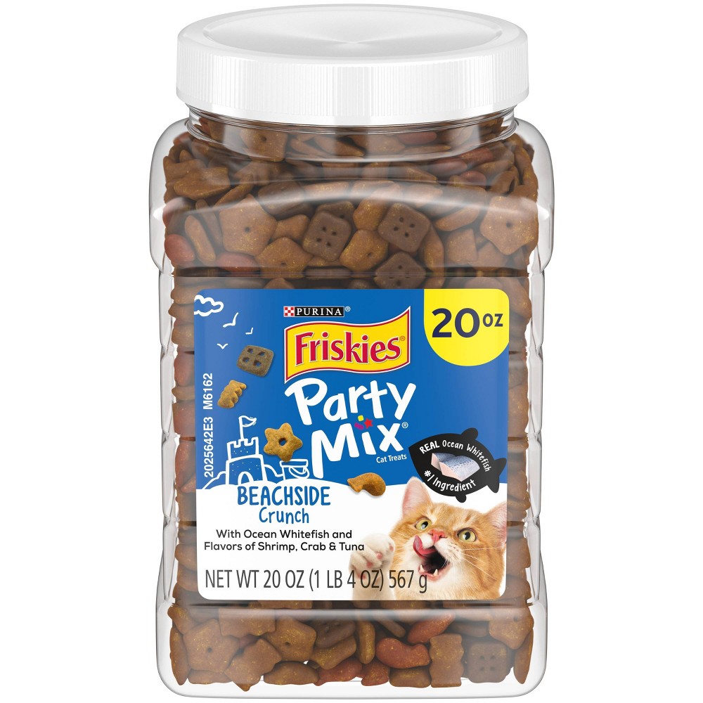 Purina Friskies Party Mix Ocean Whitefish Shrimp Crab Tuna Flavor for Cats  20 oz Canister