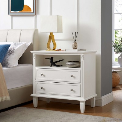 ORRD Nightstand with Charging Station, USB Ports & Outlets, 2-Drawer Wood Side Table, Fluted Pilasters Design, Open Storage, White Finish