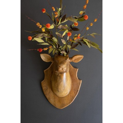 Carved Mango Wood 15" Wall-Mounted Deer Head – Rustic Accent Sculpture for Entryway or Wall by Kalalou