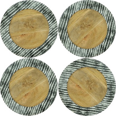 Black and Natural Mango Wood Stripe Rim Table Chargers, Set of 4