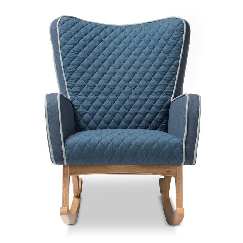 Zoelle Mid-Century Modern Fabric Upholstered Natural Finished Rocking Chair Blue/Light Brown - Baxton Studio, 3 of 11