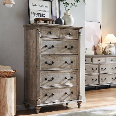SinCiDo 32" Wide Farmhouse 6 Drawer Tall Dresser w/4 Solid Wood Feet, Rustic Column Decor Storage Chest for Bedroom, Living Room