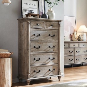 SinCiDo 32" Wide Farmhouse 6 Drawer Tall Dresser w/4 Solid Wood Feet, Rustic Column Decor Storage Chest for Bedroom, Living Room - 1 of 4